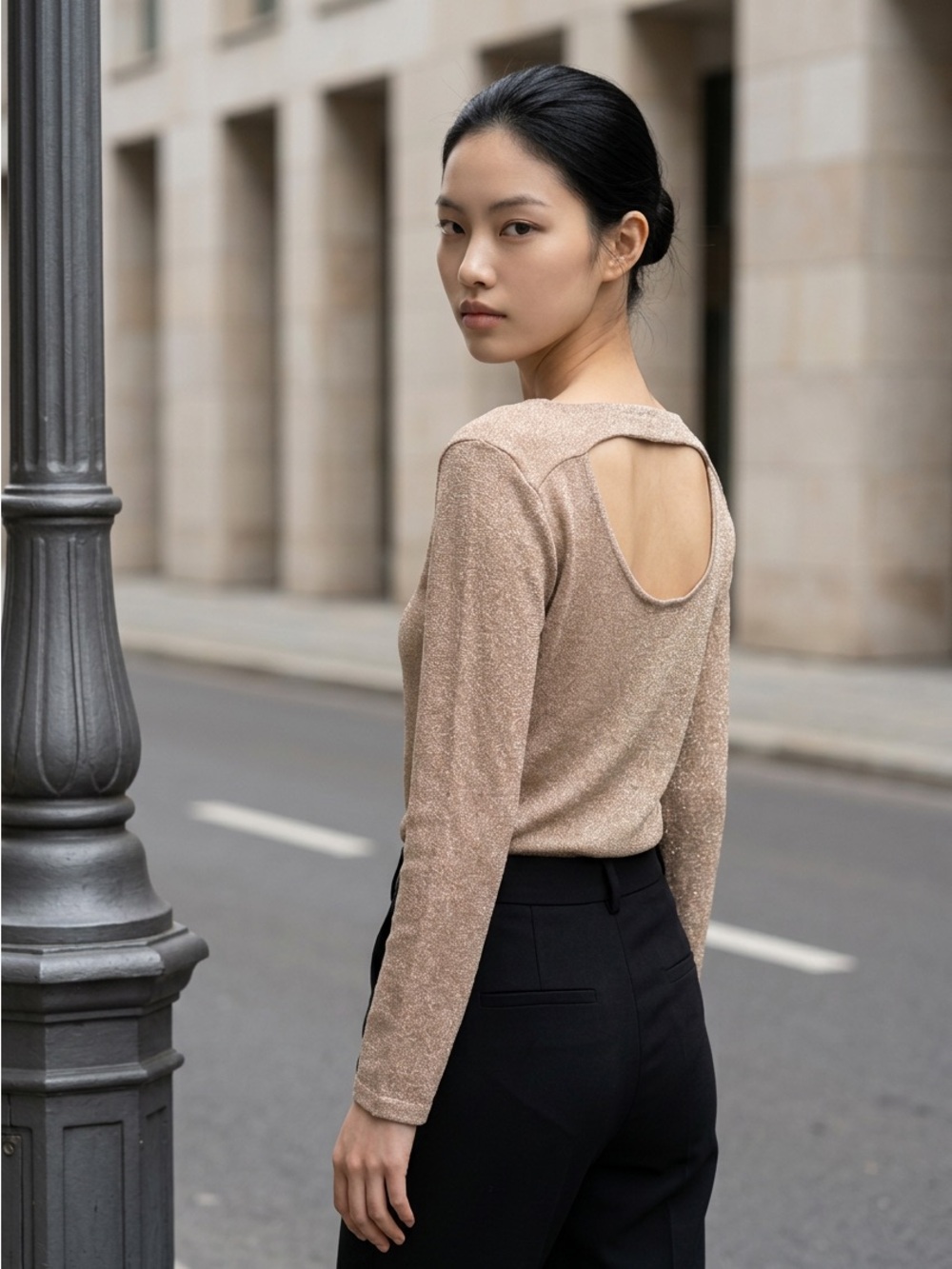 Banana Republic Beige with Gold Flecks Open-Back Long Sleeve Knit Top